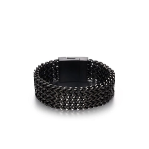 Men's wide titanium steel square chain bracelet with black plated woven texture finish