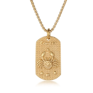 Collier vintage doré avec pendentif rectangulaire signe Cancer et motif crabe en relief