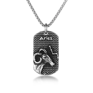 Vintage Aries zodiac pendant necklace with ram relief on stainless steel military tag