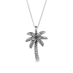 Vintage silver palm tree pendant necklace with detailed engraved texture on O-chain