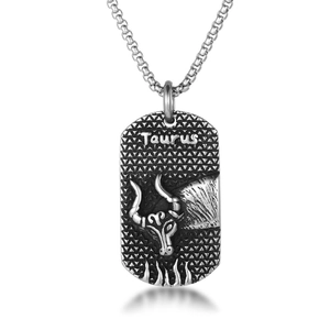 Taurus zodiac sign pendant necklace in retro stainless steel with bull head relief