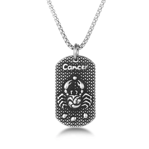 Collier vintage homme avec pendentif carré signe du Cancer en acier inoxydable argenté