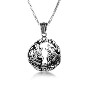 Collier Pendentif Double Tête de Loup Viking Vintage en Acier Inoxydable Finition Antique Bijoux Punk pour Hommes Femmes