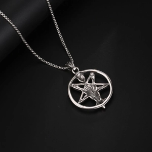 Gothic satanic baphomet sheep skull necklace with antique silver pentagram pendant