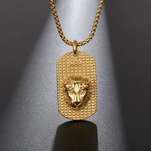 Collar con colgante de cabeza de león Leo dorado y cadena de bolas metálica