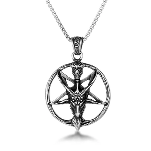 Gothic satanic baphomet goat head pendant necklace in vintage silver finish for men and women