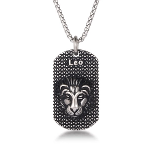 Collar de hombre signo Leo en acero inoxidable con colgante de cabeza de león plateado