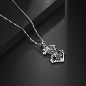 Vintage eagle and anchor pendant necklace in silver titanium steel with pearl chain