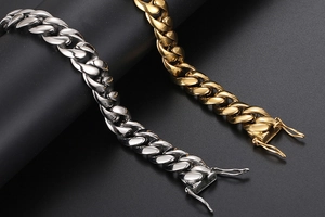 Détails des bracelets gourmette en acier inoxydable argenté et doré avec fermoir cliquet