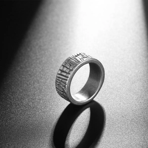 Industrial vintage titanium steel ring with rugged texture and dark gray distressed finish