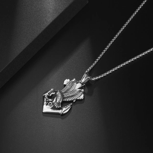 Polished stainless steel eagle and anchor pendant necklace for men with bead chain