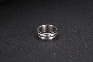 Macro shot of titanium steel ring featuring brushed texture and double groove design