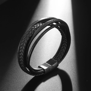Men's multi-layer black braided leather bracelet with brushed metal magnetic buckle