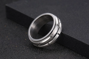 Macro view of men's spinner ring with brushed titanium steel and vertical grooves