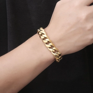 Gourmette homme en acier titane doré poli, bracelet maille cubaine au style hip-hop