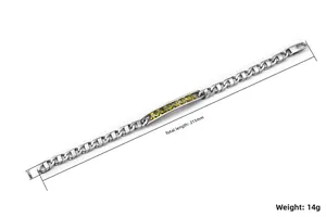 Détail du bracelet hip hop en acier titane avec zircon jaune et mesures précises