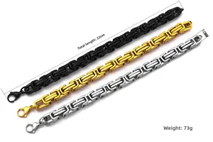 Close-up of 10mm Byzantine chains in black, gold, and silver finishes with lobster clasp