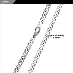Detail view of 3.5mm silver titanium steel Cuban chain necklace with lobster clasp