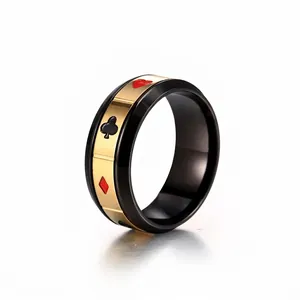 Bague Rotative en Acier Inoxydable avec Motifs de Cartes de Poker pour Hommes Hip Hop Noir Plaqué Or Anti-Stress