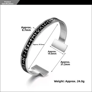 Detailed view of silver Viking rune cuff bracelet with exact 8.7mm width and size specs