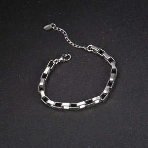 Polished silver stainless steel box chain bracelet with adjustable lobster clasp closure