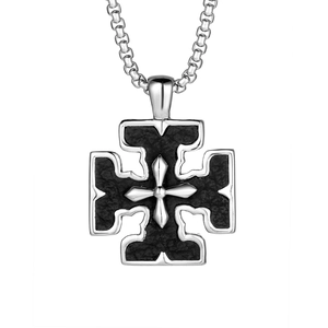 Collana da uomo con croce in acciaio inossidabile e inserto nero con catena box