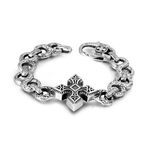 Vintage Punk Stainless Steel Cross Bracelet For Men Gothic Engraved Heavy Chain Jewelry Retro Fashion Wristband Accessory