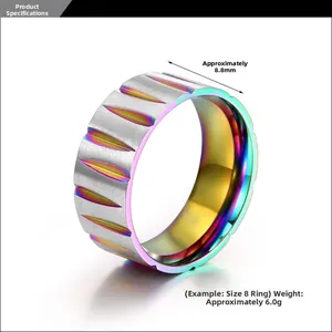 Detail view of 8.8mm wide industrial titanium ring with rainbow inner plating and grooves