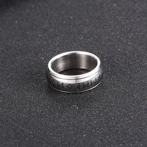 Men's titanium steel ring featuring Nordic Runes and a brushed metal texture finish