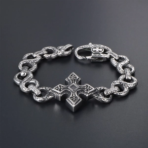 Vintage gothic cross bracelet in oxidized steel with intricate floral engraving links
