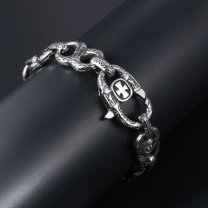 Retro punk titanium steel bracelet with engraved cross pattern on silver chunky links