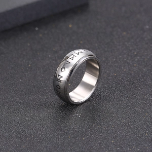 Polished titanium steel men's ring with Nordic Viking rune engravings in silver finish