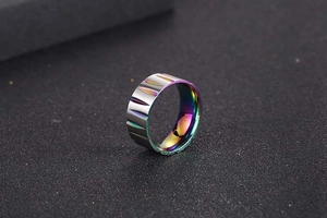 Macro shot of silver titanium ring featuring rainbow interior and triangular grooves