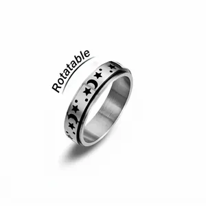 Drehbarer Edelstahl-Spinner-Ring mit schwarzen Stern- und Mondmotiven für Damen