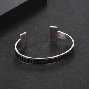Men's Viking rune open cuff bracelet in brushed stainless steel with black engraved letters