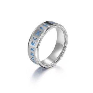 Silver stainless steel spinning ring with blue Nordic runes on a clean white background