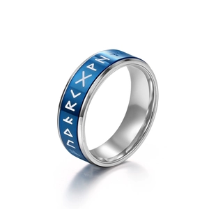 Rotating titanium steel band with blue Viking Rune engravings for men and women
