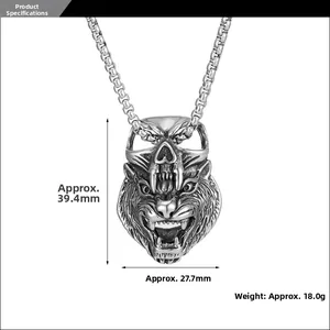 Macro view of fierce wolf skull pendant with dimensions 39.4mm height and 27.7mm width