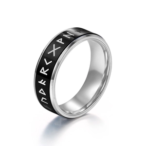 Mens rotating titanium steel ring with black enamel and white Nordic runes engraving