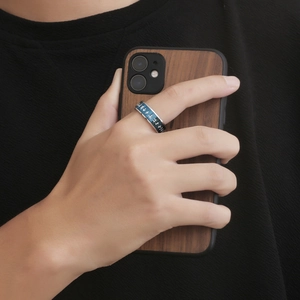 Mens stainless steel spinning ring with blue inlay and Nordic rune carvings