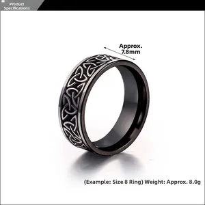 Detailed view of 7.8mm Viking Celtic knot engraved vintage titanium steel men's ring