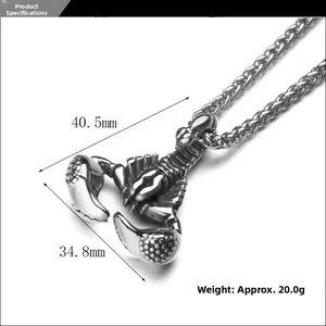 Detailed size chart of the retro silver scorpion pendant necklace with twist chain