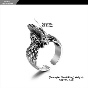 Detail view of vintage rooster ring showing dimensions of 18.9mm height and 5.3mm width