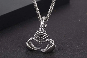 Close-up of vintage scorpion pendant in polished titanium steel with woven metal chain