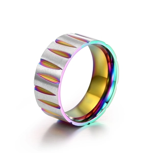 Exquisite Men Titanium Steel Rainbow Ring Brushed Silver Band With Vertical Grooves Iridescent Interior Hip Hop Fashion Jewelry