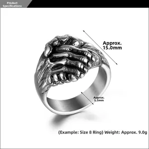 Détail de la bague poignée de main vintage en acier titane avec texture et dimensions