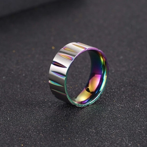 Titanium steel ring for men with grooved texture and rainbow plating finish