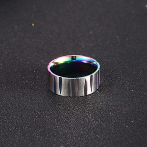 Wide titanium steel ring for men with silver brushed finish and rainbow gradient inner band