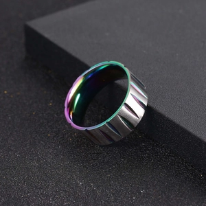 Men's titanium steel ring with brushed silver exterior and rainbow electroplated inner band