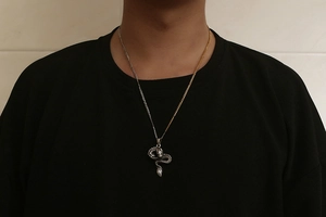Detail of vintage dragon pendant with two-tone gold and silver chain on black t-shirt